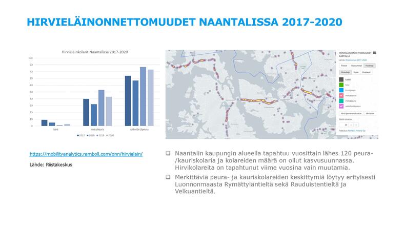 Taulukko: Hirvieläinonnettomuudet Naantalissa 2017–2020. Eniten onnettumuuksia on Luonnonmaalla. Eniten kolareja ajetaan valkohäntäpeurojen kanssa.
