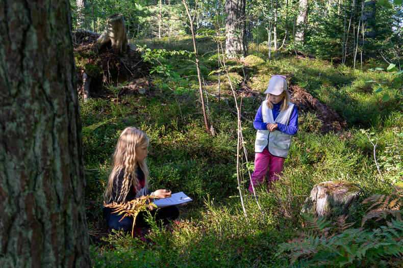 Ensimmäinen tyttö on kyykistyneenä metsässä kirjoitusvälineiden kanssa, toinen seisoo lähellä vieressä.