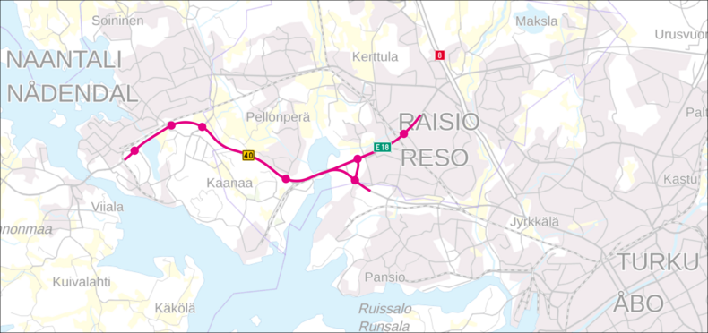 Karttakuvassa havainnollistettu E18 tien kehittämisalue välillä Raisio-Naantali.