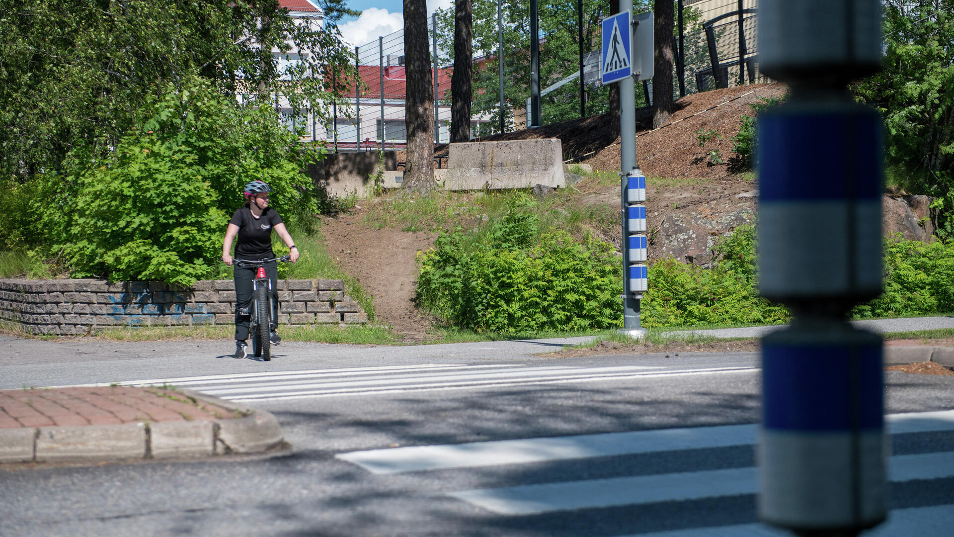 Pyöräilijä ylittämässä ajorataa suojatietä pitkin Aurinkotien kohdalla.